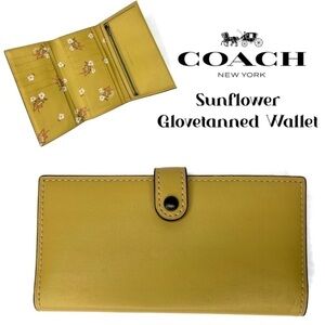 Coach Sunflower Glovetanned Leather Wallet Hay Color Floral Glitter Bow Yellow